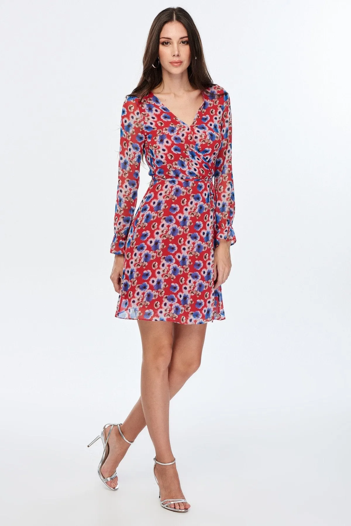 13016 Red-Blue Floral Chiffon Dress