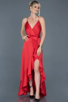 16028 Red Ruffle Slit Satin Dress