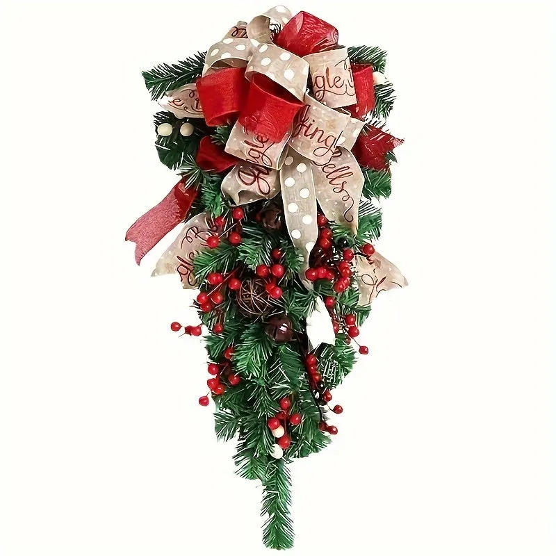 1PC Christmas Door Swag Wreath, Festive Holiday Wall Hanging Decor with Red Berries and Bells, Non-Feathered Plastic, Electricity-Free, Ideal for Home, Room, Staircase, and Party Decoration