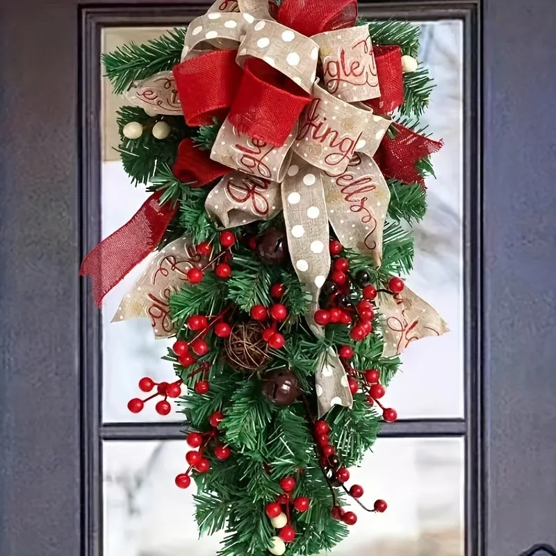 1PC Christmas Door Swag Wreath, Festive Holiday Wall Hanging Decor with Red Berries and Bells, Non-Feathered Plastic, Electricity-Free, Ideal for Home, Room, Staircase, and Party Decoration