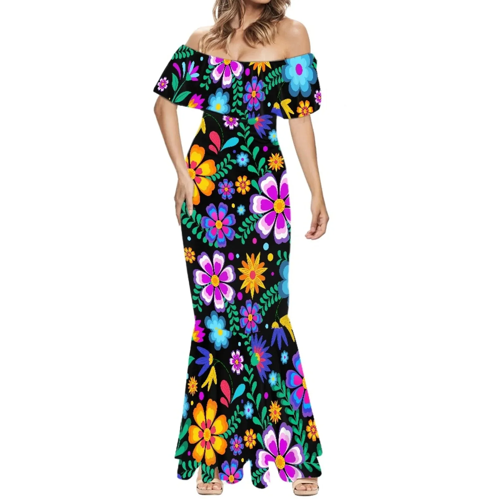 1pc Customized Hawaiian Print Women's 2024 Summer Dress Off The Shoulder Short Sleeve Shawl Casual Party Bodycon Mixi Dresses