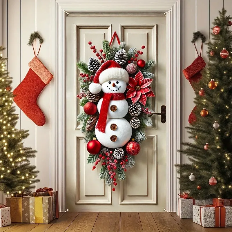 1pc, Festive Polyester Snowman Wreath, 35.4"x70.9", Modern Holiday Door Frame Decor, Indoor/Outdoor Use, Tassel Accents, Christmas Gift, Battery-Free, Home & Kitchen Decor