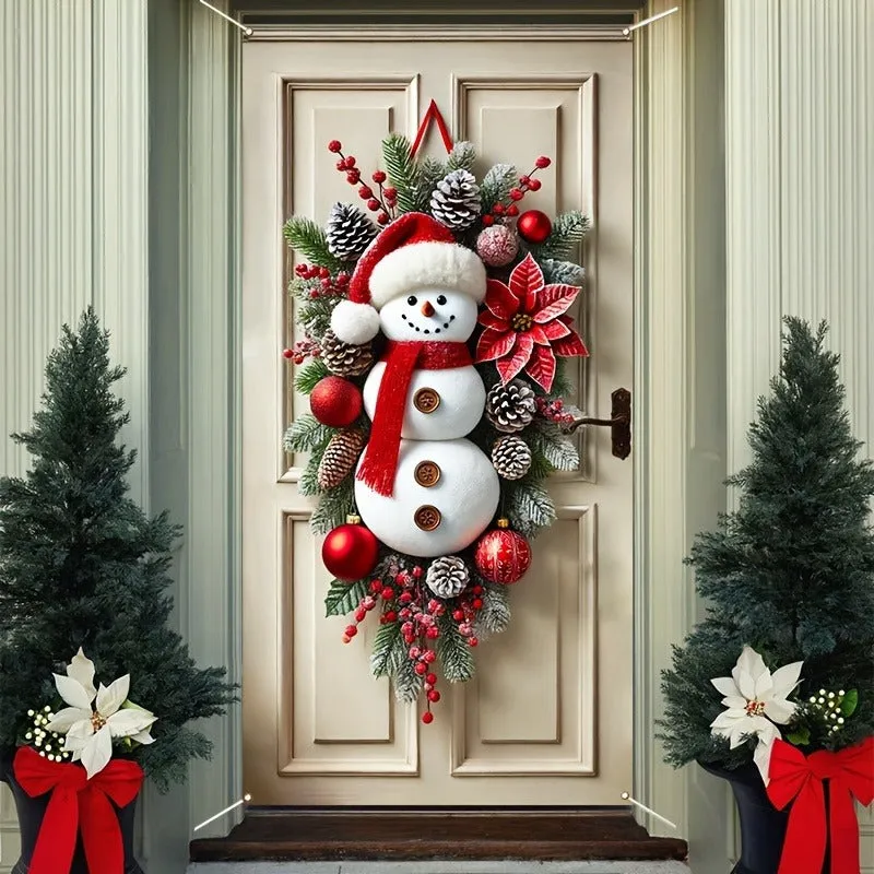 1pc, Festive Polyester Snowman Wreath, 35.4"x70.9", Modern Holiday Door Frame Decor, Indoor/Outdoor Use, Tassel Accents, Christmas Gift, Battery-Free, Home & Kitchen Decor