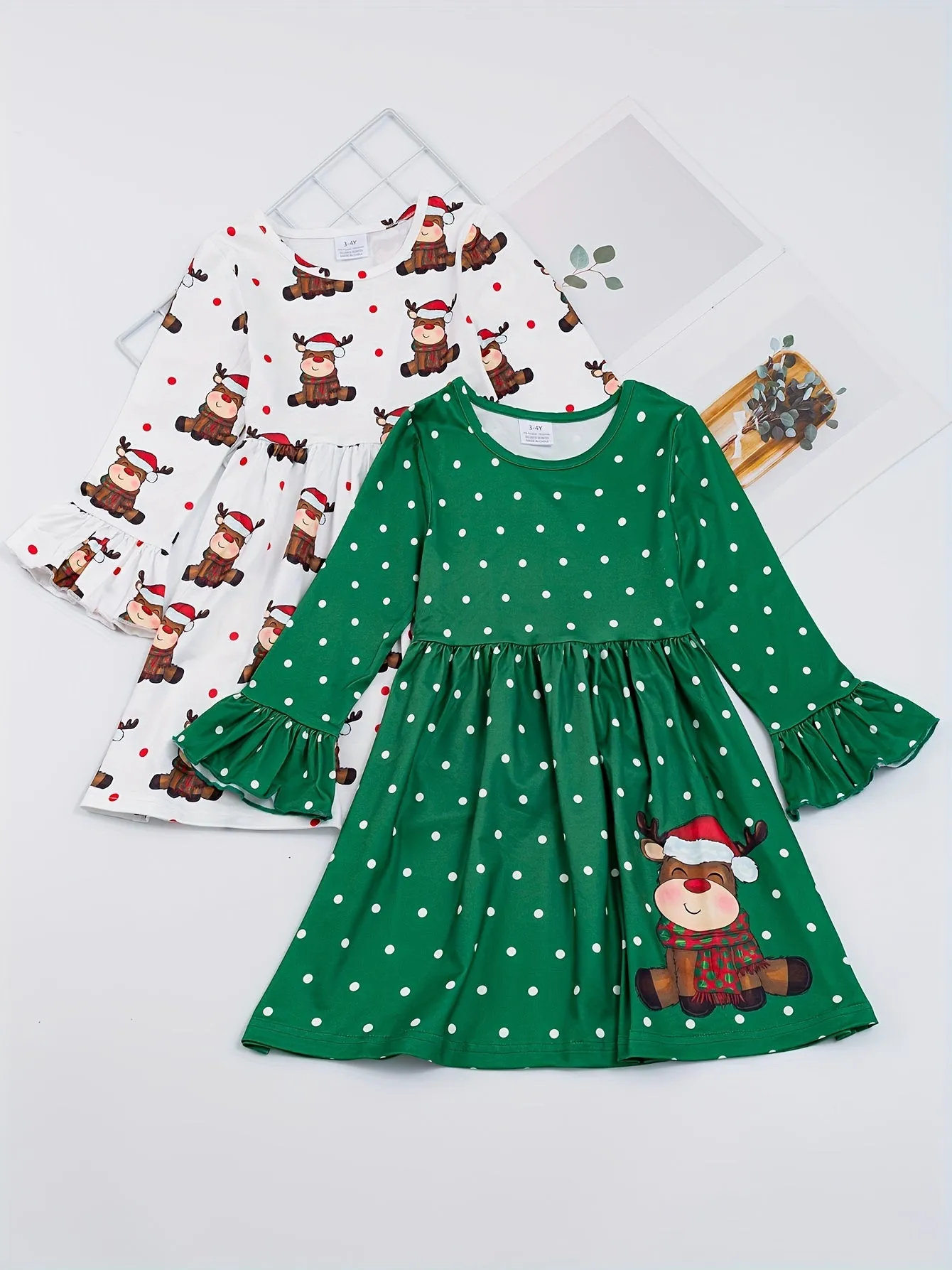 2-Piece Festive Girls' Christmas Outfit - Splicing Polka Dot Print Flare Sleeve Dress & Snowman Print Crew Neck Dress - Holiday, Fall, Kids' Clothing Set for Girls