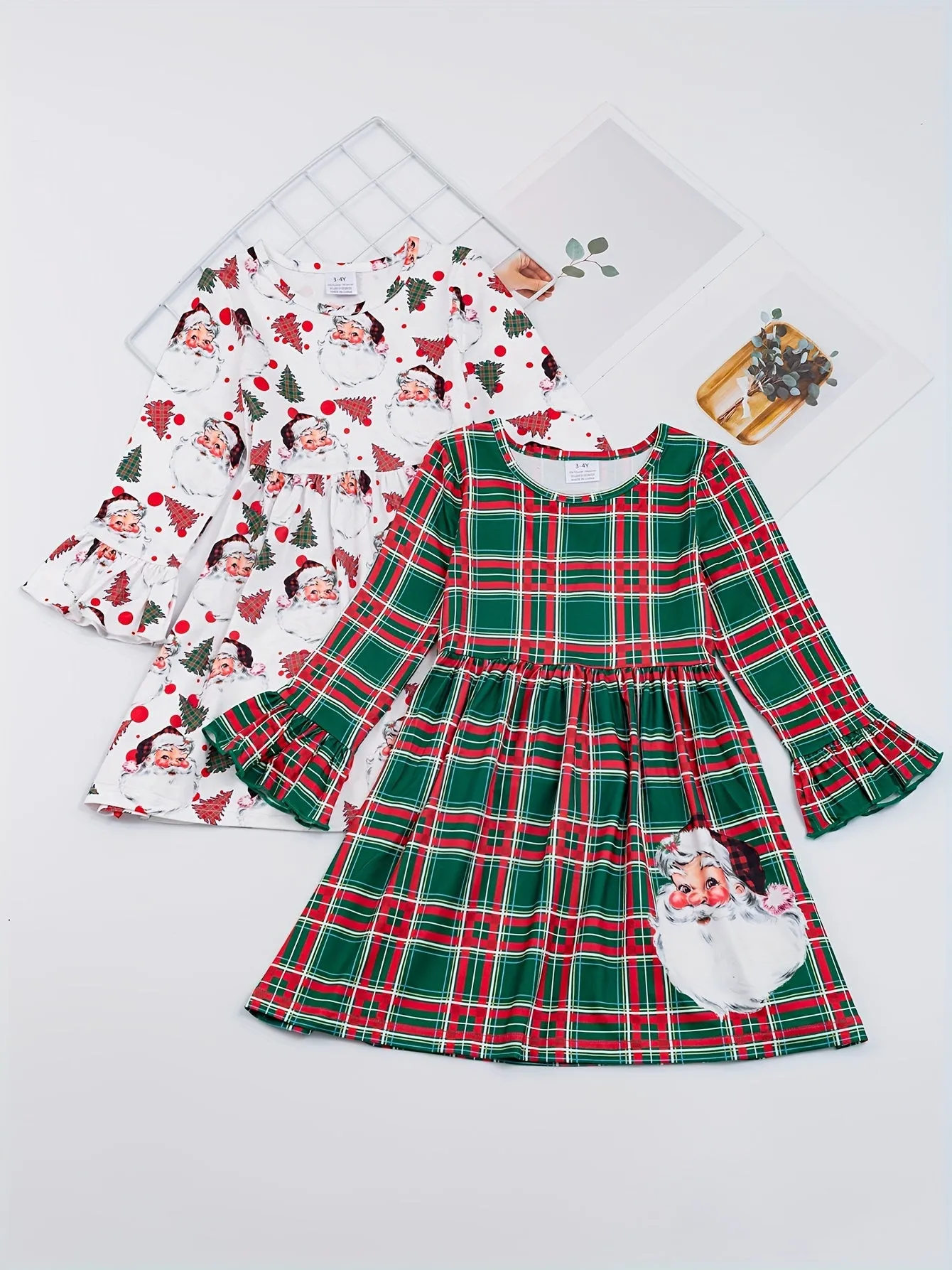 2-Piece Festive Girls' Christmas Outfit - Splicing Polka Dot Print Flare Sleeve Dress & Snowman Print Crew Neck Dress - Holiday, Fall, Kids' Clothing Set for Girls