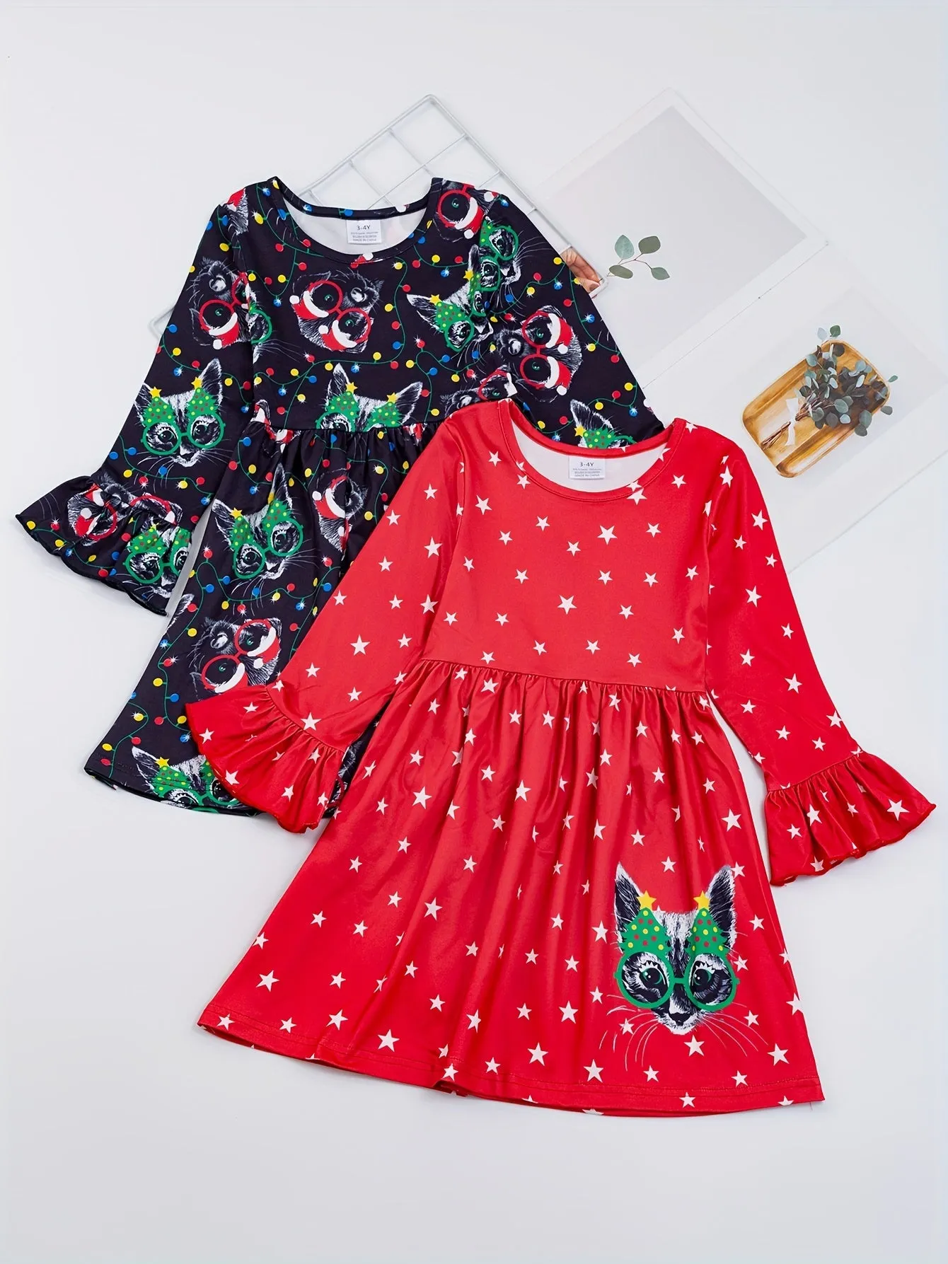 2-Piece Festive Girls' Christmas Outfit - Splicing Polka Dot Print Flare Sleeve Dress & Snowman Print Crew Neck Dress - Holiday, Fall, Kids' Clothing Set for Girls