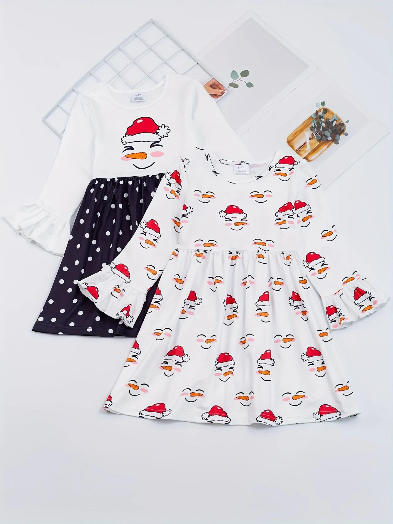 2-Piece Festive Girls' Christmas Outfit - Splicing Polka Dot Print Flare Sleeve Dress & Snowman Print Crew Neck Dress - Holiday, Fall, Kids' Clothing Set for Girls