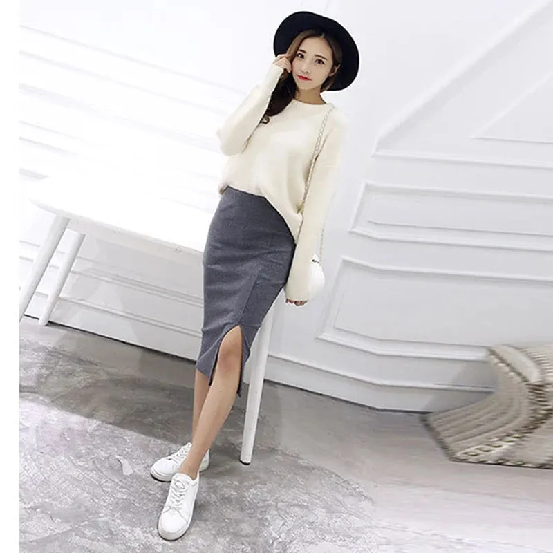 2023 Autumn Winter Bodycon Skirt Women Split Skirt Mid Calf Slim Pencil Skirts For Women Female Knit Hip Sexy Skirt