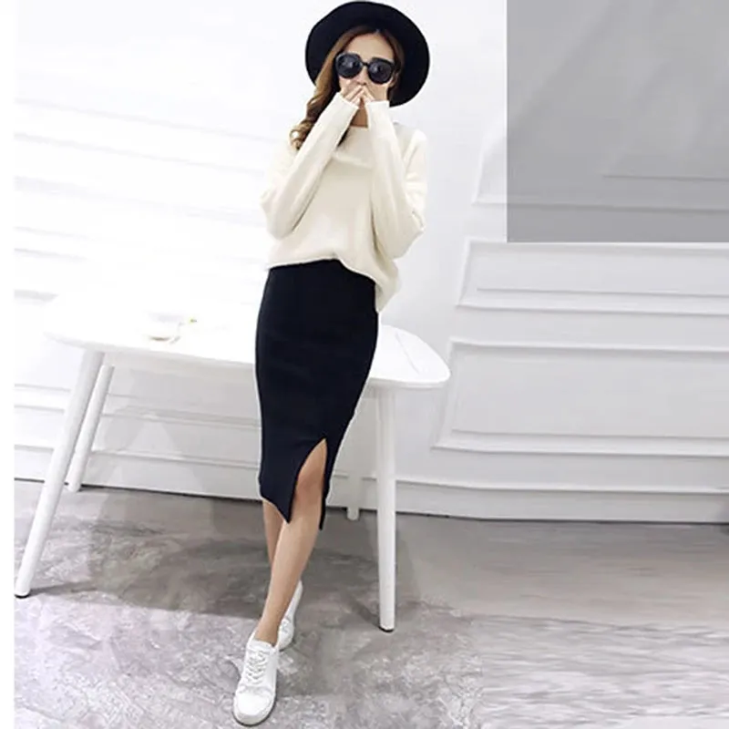 2023 Autumn Winter Bodycon Skirt Women Split Skirt Mid Calf Slim Pencil Skirts For Women Female Knit Hip Sexy Skirt