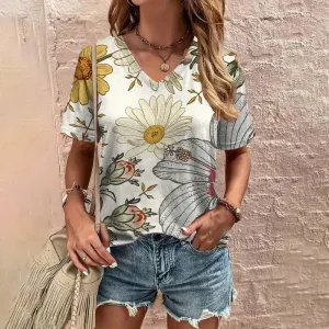 2024 Summer Leisure Comfortable T-shirt Women's Elegant V-neck T-shirt Fashion Flower Pattern Print Short Sleeved T-shirt