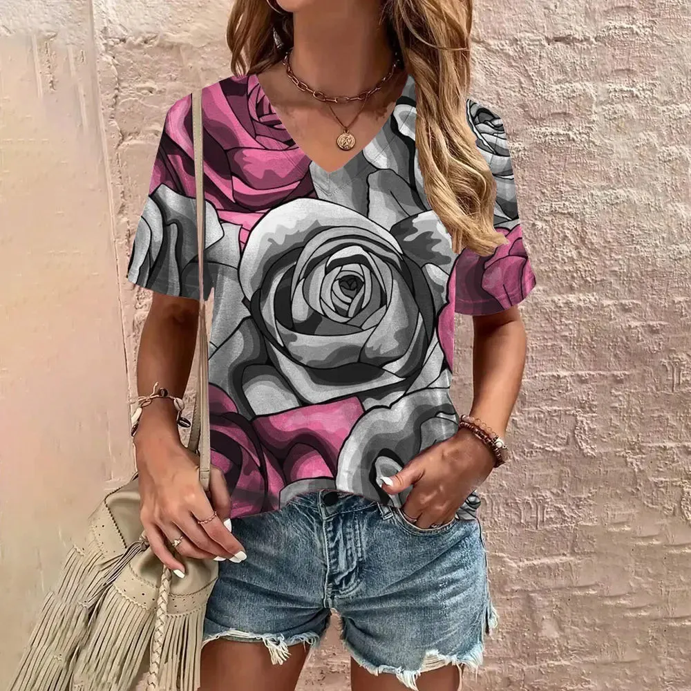 2024 Summer Leisure Comfortable T-shirt Women's Elegant V-neck T-shirt Fashion Flower Pattern Print Short Sleeved T-shirt