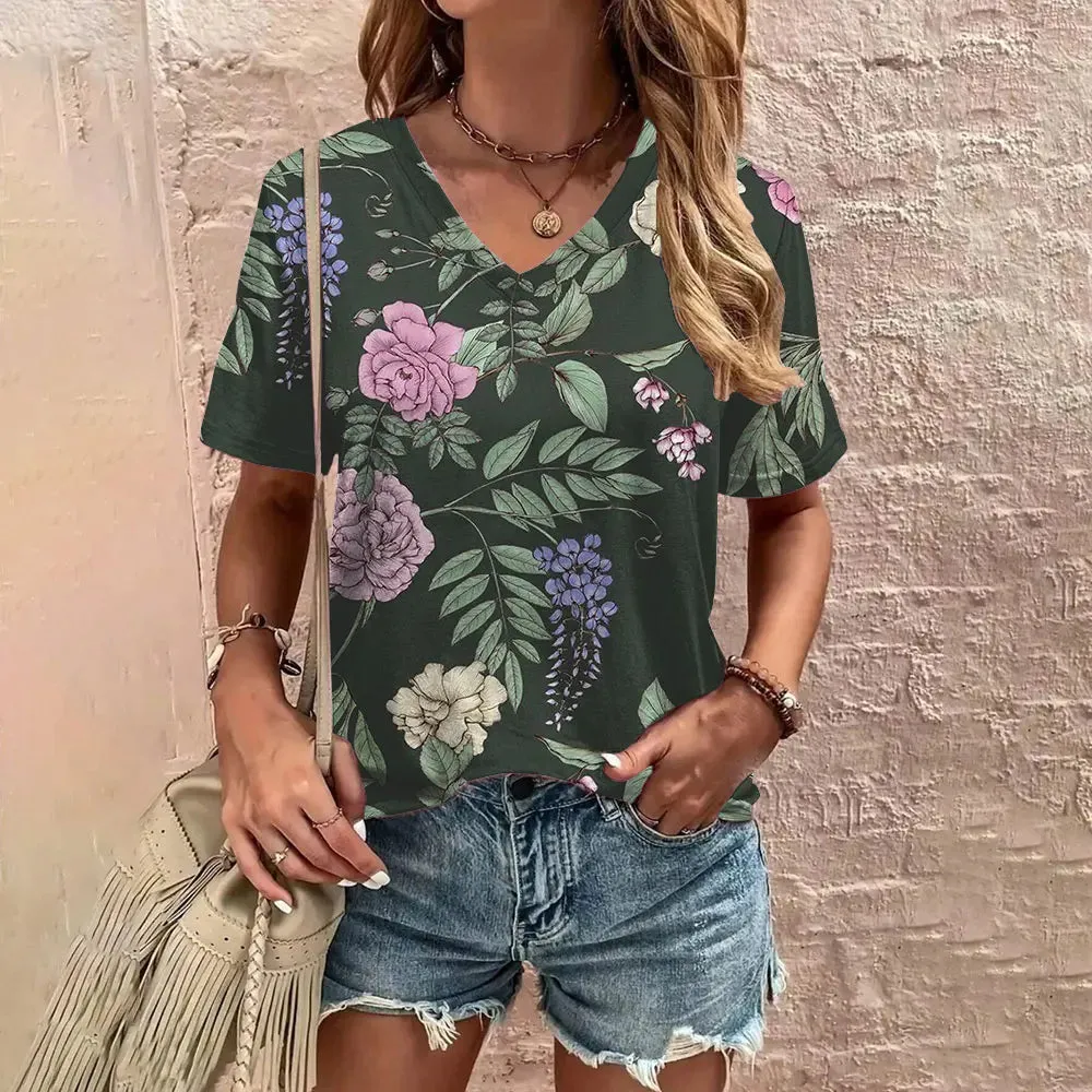 2024 Summer Leisure Comfortable T-shirt Women's Elegant V-neck T-shirt Fashion Flower Pattern Print Short Sleeved T-shirt