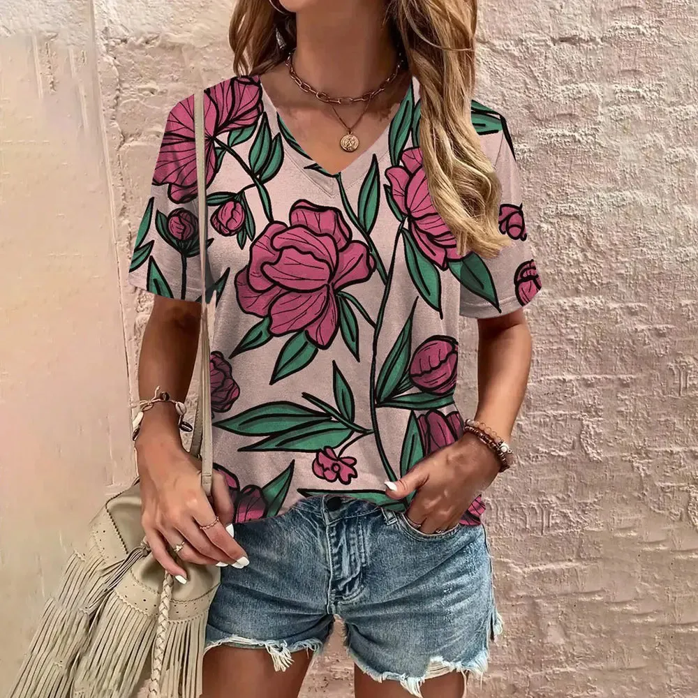 2024 Summer Leisure Comfortable T-shirt Women's Elegant V-neck T-shirt Fashion Flower Pattern Print Short Sleeved T-shirt