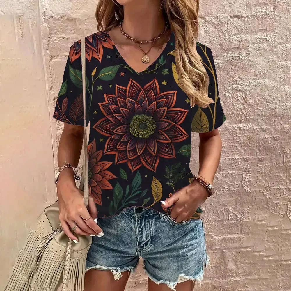 2024 Summer Leisure Comfortable T-shirt Women's Elegant V-neck T-shirt Fashion Flower Pattern Print Short Sleeved T-shirt