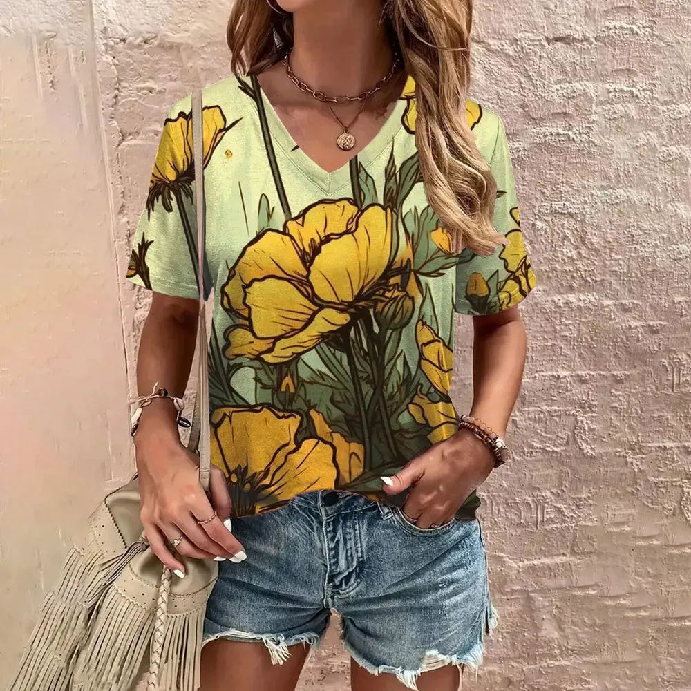 2024 Summer Leisure Comfortable T-shirt Women's Elegant V-neck T-shirt Fashion Flower Pattern Print Short Sleeved T-shirt