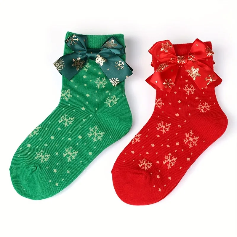 2pcs Girls' Festive Christmas Socks with Bow Ties - Snowflake Patterns in Red & Green, Soft Polyester Blend, Perfect Holiday Gift