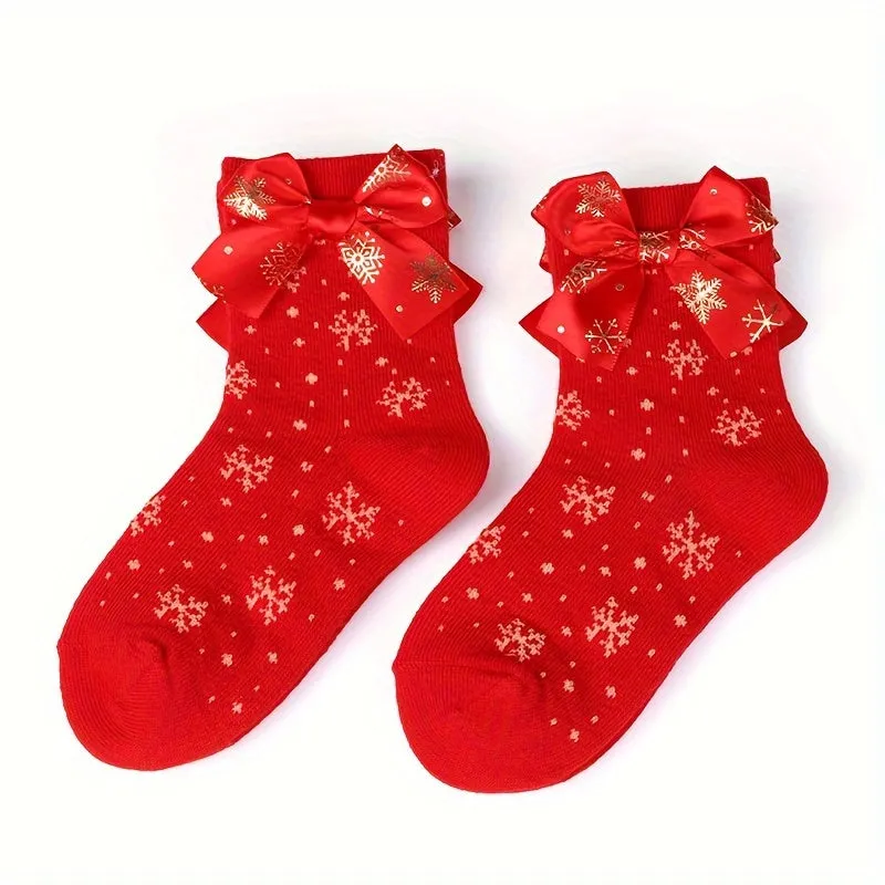 2pcs Girls' Festive Christmas Socks with Bow Ties - Snowflake Patterns in Red & Green, Soft Polyester Blend, Perfect Holiday Gift