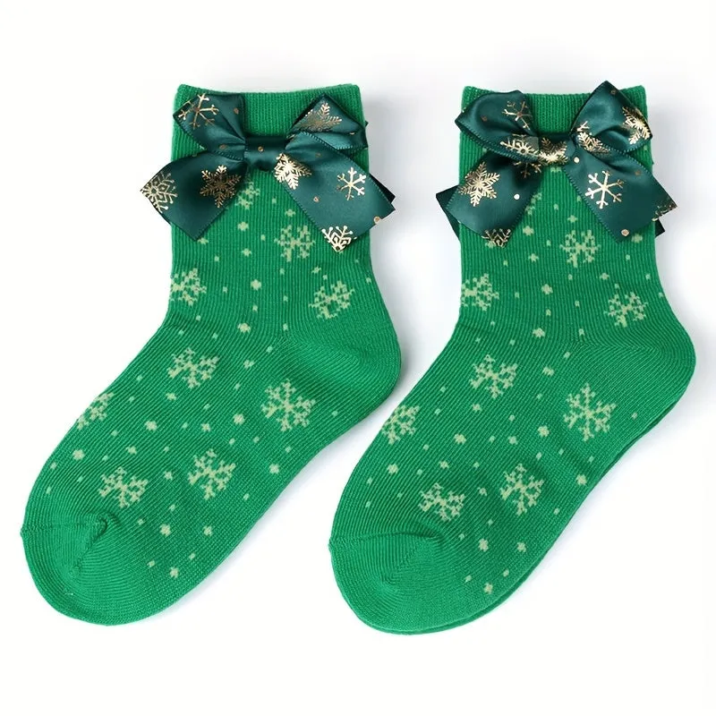 2pcs Girls' Festive Christmas Socks with Bow Ties - Snowflake Patterns in Red & Green, Soft Polyester Blend, Perfect Holiday Gift