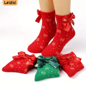 2pcs Girls' Festive Christmas Socks with Bow Ties - Snowflake Patterns in Red & Green, Soft Polyester Blend, Perfect Holiday Gift