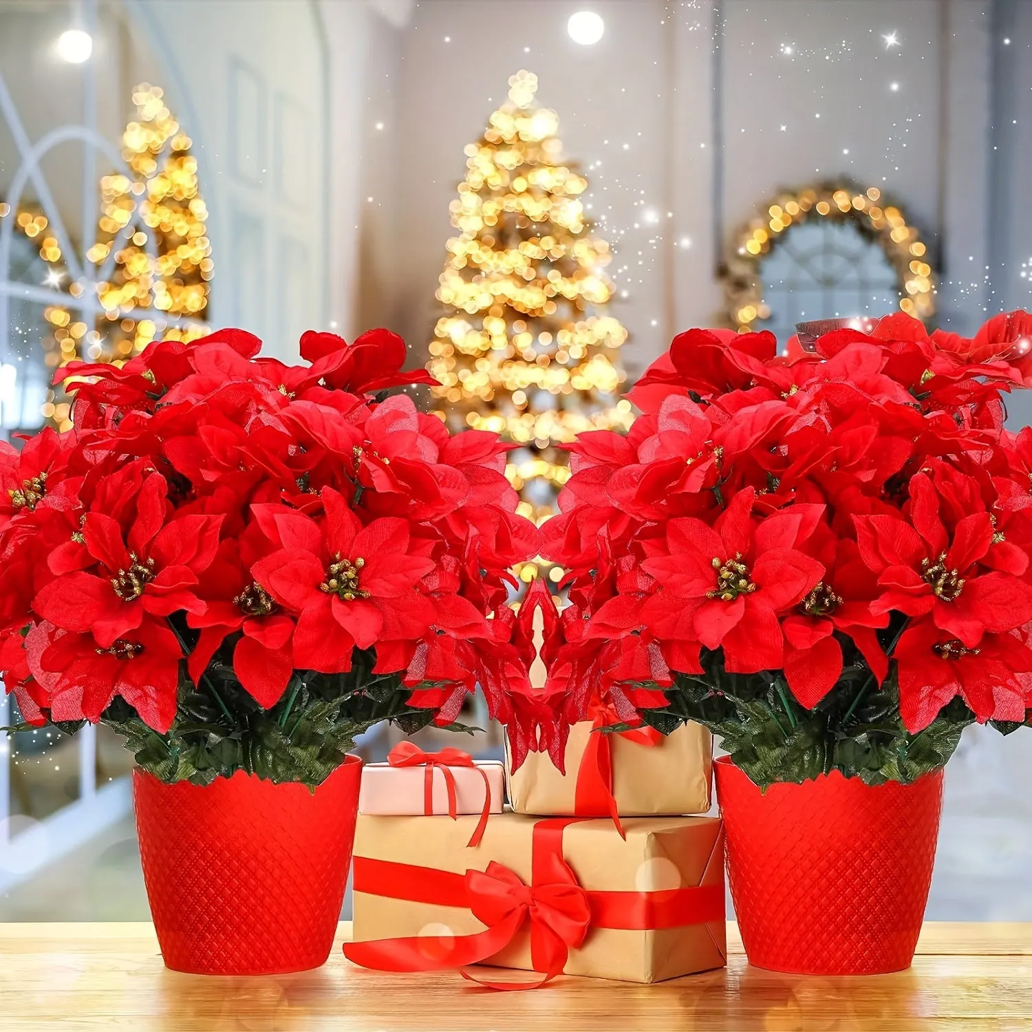 3-Pack Vibrant Artificial Poinsettia Plants - Lifelike 6-Head Plastic Fake Christmas Flowers with Realistic Leaves, Festive Red Poinsettias for Holiday Home Decor, Xmas Tree, Table Centerpieces, Wedding Decoration, and Seasonal Events