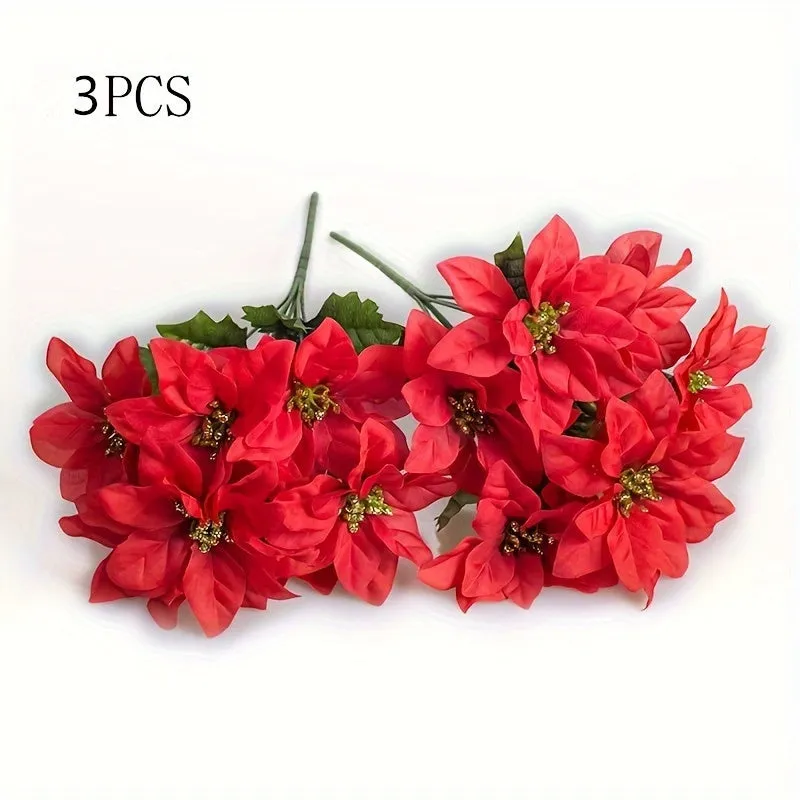 3-Pack Vibrant Artificial Poinsettia Plants - Lifelike 6-Head Plastic Fake Christmas Flowers with Realistic Leaves, Festive Red Poinsettias for Holiday Home Decor, Xmas Tree, Table Centerpieces, Wedding Decoration, and Seasonal Events