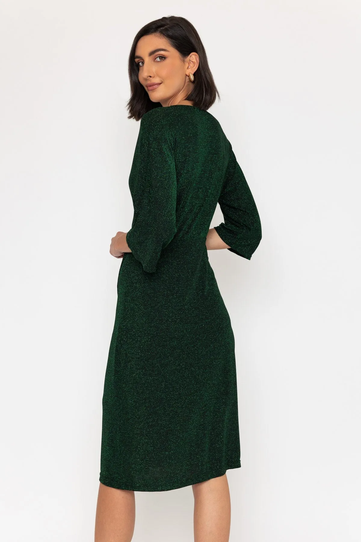 3/4 Sleeve Lurex Wrap Knee Length Dress in Green