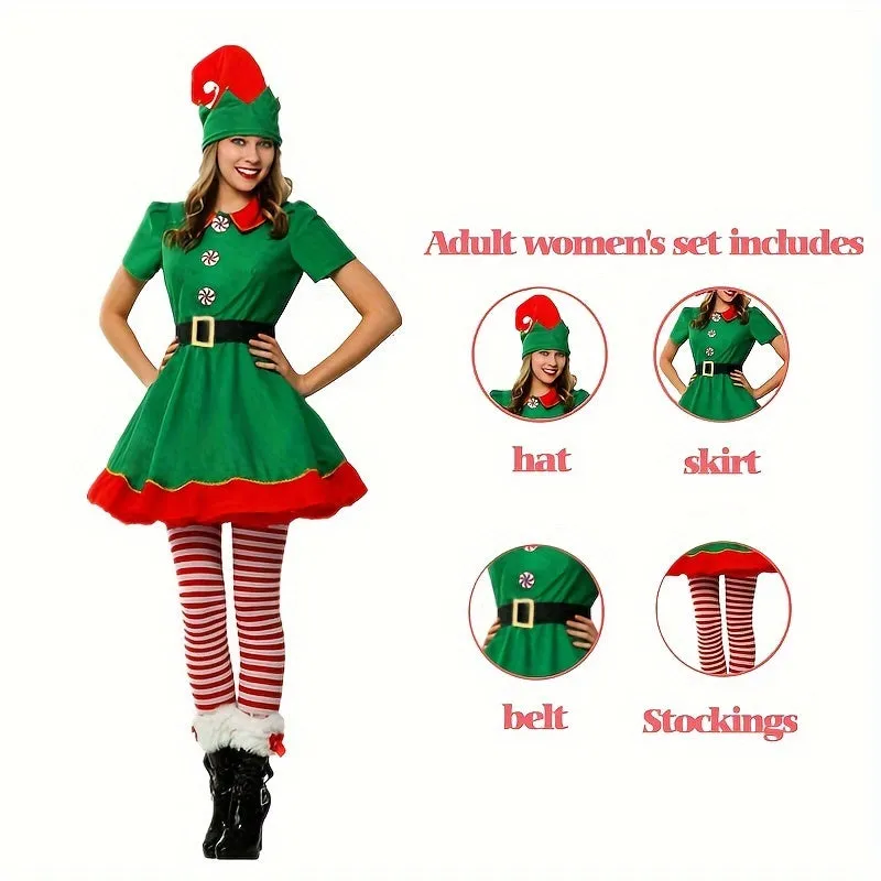 4-Piece Women's Christmas Elf Costume Set - Polyester Party Dress with Hat, Socks, and Belt - Festive Holiday Outfit - Hand Wash Only