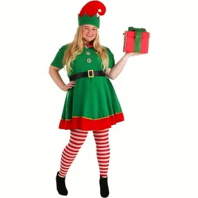 4-Piece Women's Christmas Elf Costume Set - Polyester Party Dress with Hat, Socks, and Belt - Festive Holiday Outfit - Hand Wash Only