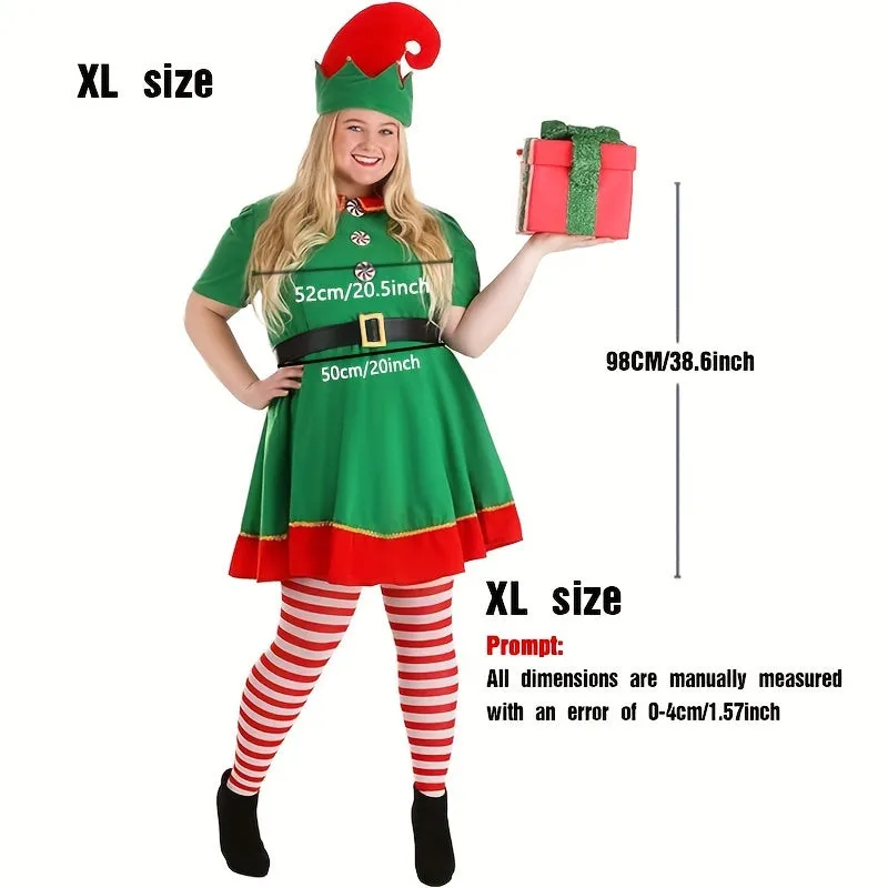 4-Piece Women's Christmas Elf Costume Set - Polyester Party Dress with Hat, Socks, and Belt - Festive Holiday Outfit - Hand Wash Only