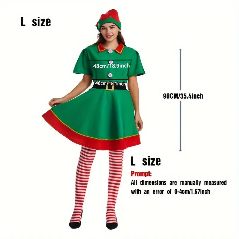 4-Piece Women's Christmas Elf Costume Set - Polyester Party Dress with Hat, Socks, and Belt - Festive Holiday Outfit - Hand Wash Only