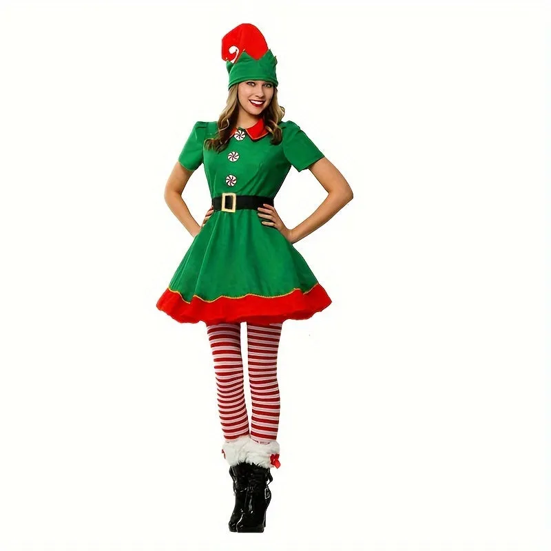 4-Piece Women's Christmas Elf Costume Set - Polyester Party Dress with Hat, Socks, and Belt - Festive Holiday Outfit - Hand Wash Only