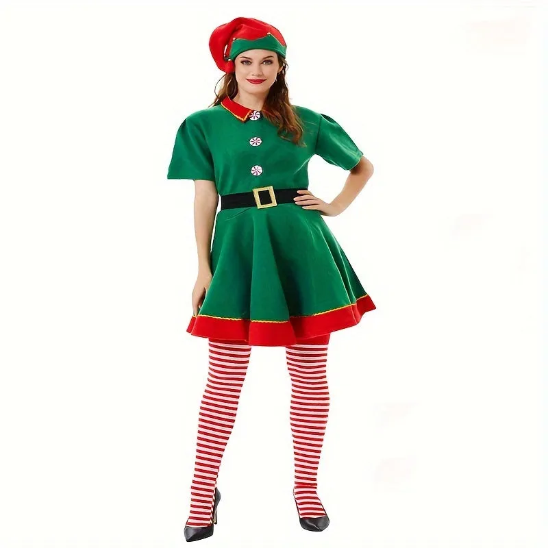 4-Piece Women's Christmas Elf Costume Set - Polyester Party Dress with Hat, Socks, and Belt - Festive Holiday Outfit - Hand Wash Only