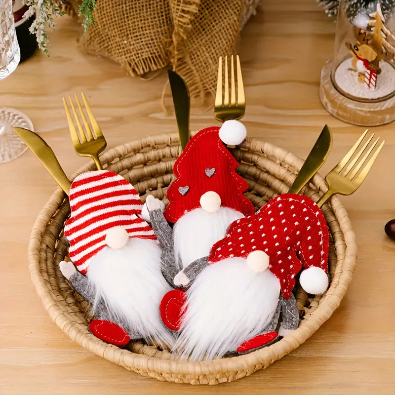 6pcs Festive Christmas Gnome Utensil Holders - Polyester Silverware Pouches with No Battery Required, Perfect for Party Supplies and Table Decorations, Adding a Touch of Whimsy to Your Holiday Gatherings