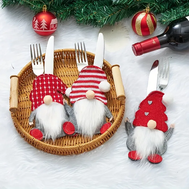 6pcs Festive Christmas Gnome Utensil Holders - Polyester Silverware Pouches with No Battery Required, Perfect for Party Supplies and Table Decorations, Adding a Touch of Whimsy to Your Holiday Gatherings