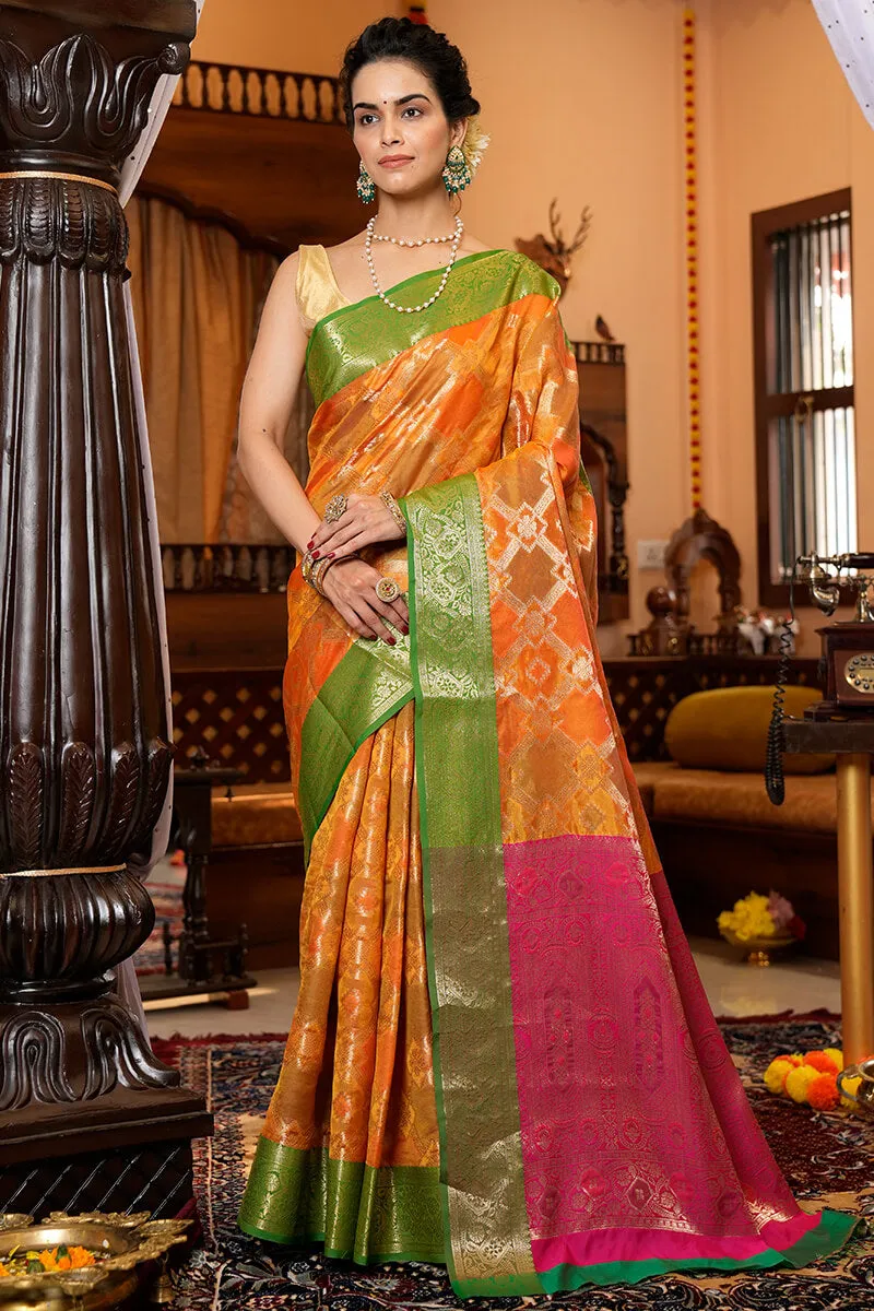 Adorning Orange Organza Silk Saree With Outstanding Blouse Piece