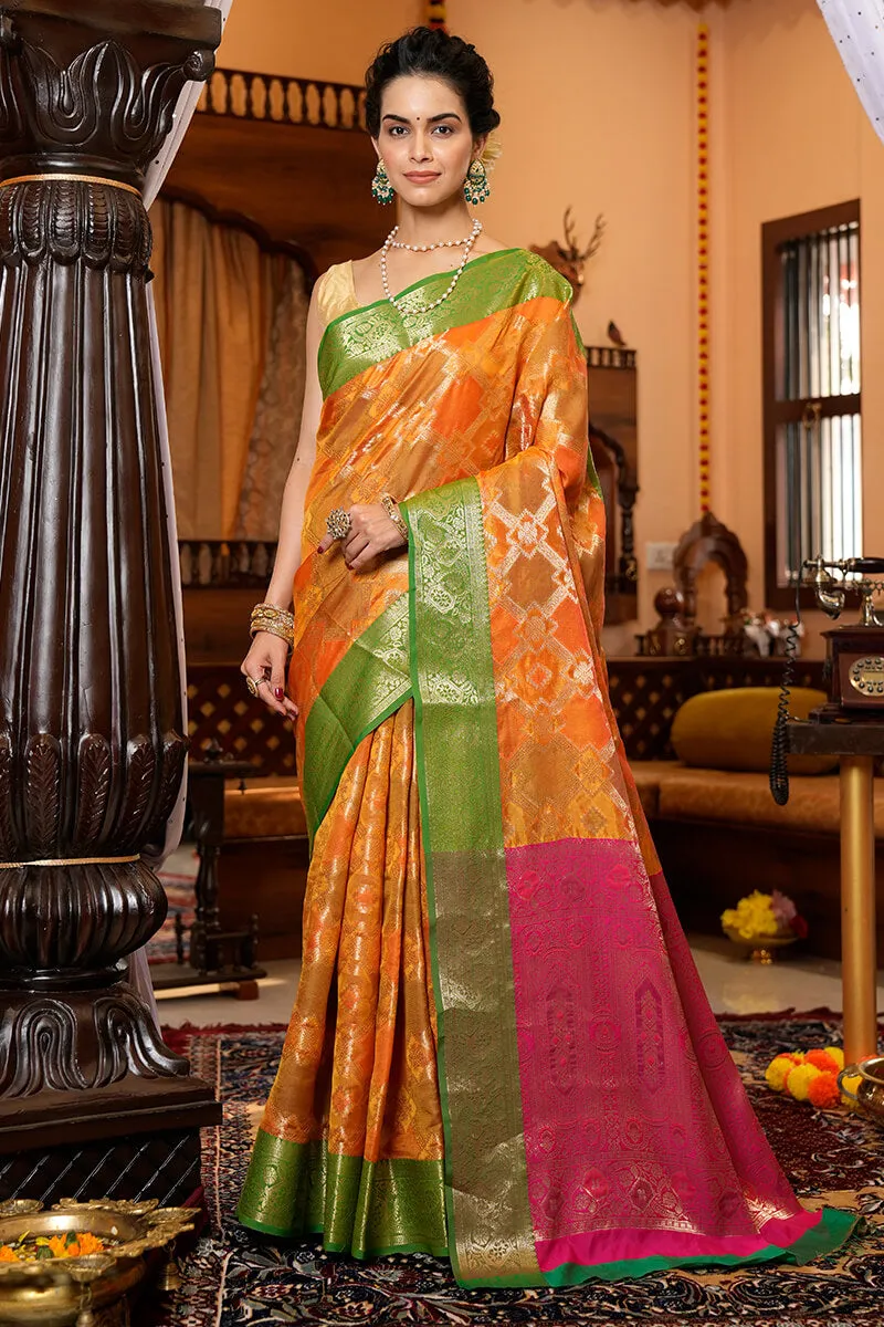 Adorning Orange Organza Silk Saree With Outstanding Blouse Piece