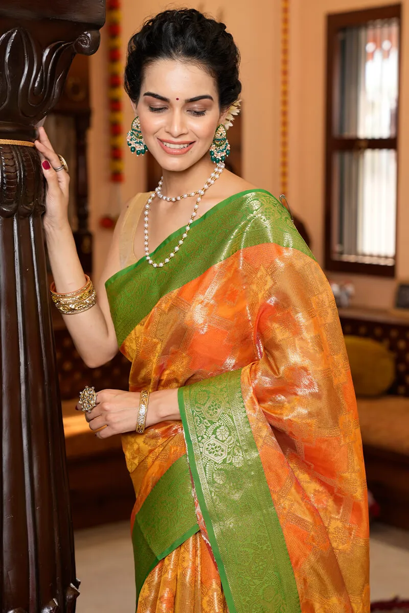 Adorning Orange Organza Silk Saree With Outstanding Blouse Piece