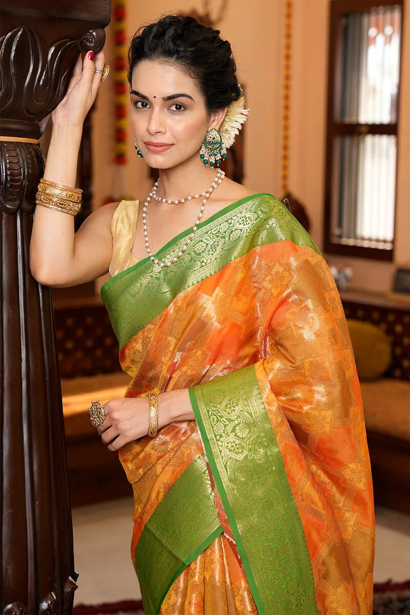 Adorning Orange Organza Silk Saree With Outstanding Blouse Piece