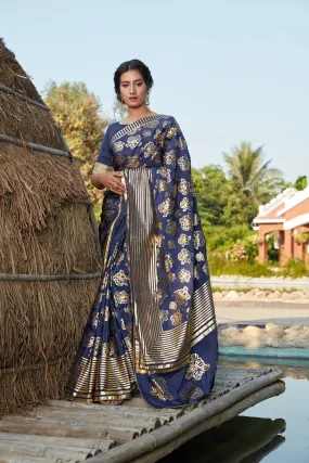 Agreeable Navy Blue Woven Banarasi Silk Party Wear Saree