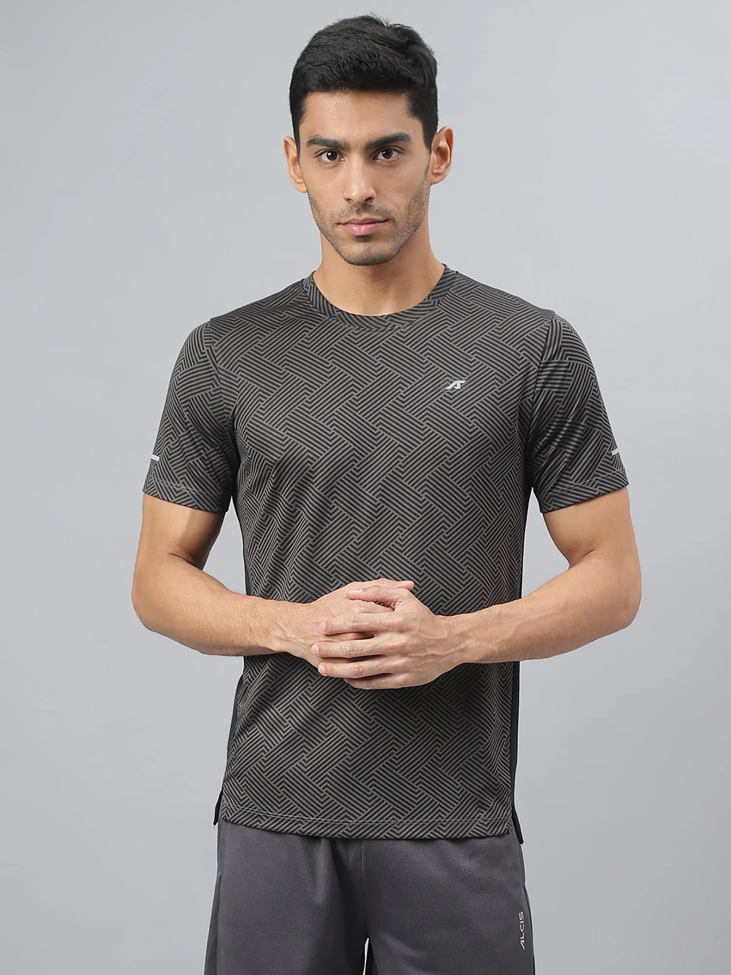 Alcis Men Dark Grey Drytech  Anti-Static Slim-Fit Round Neck Running T-Shirt