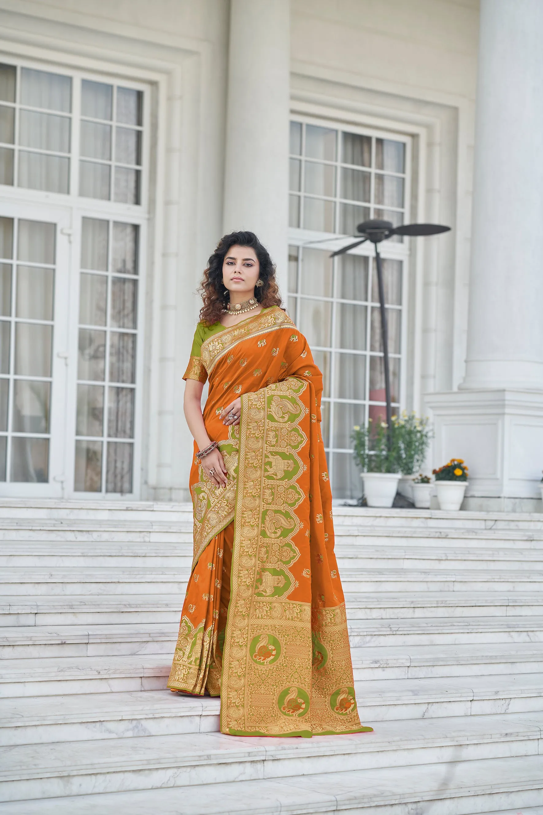 Amazing Orange Zari Weaving Banarasi Silk Wedding Wear Saree