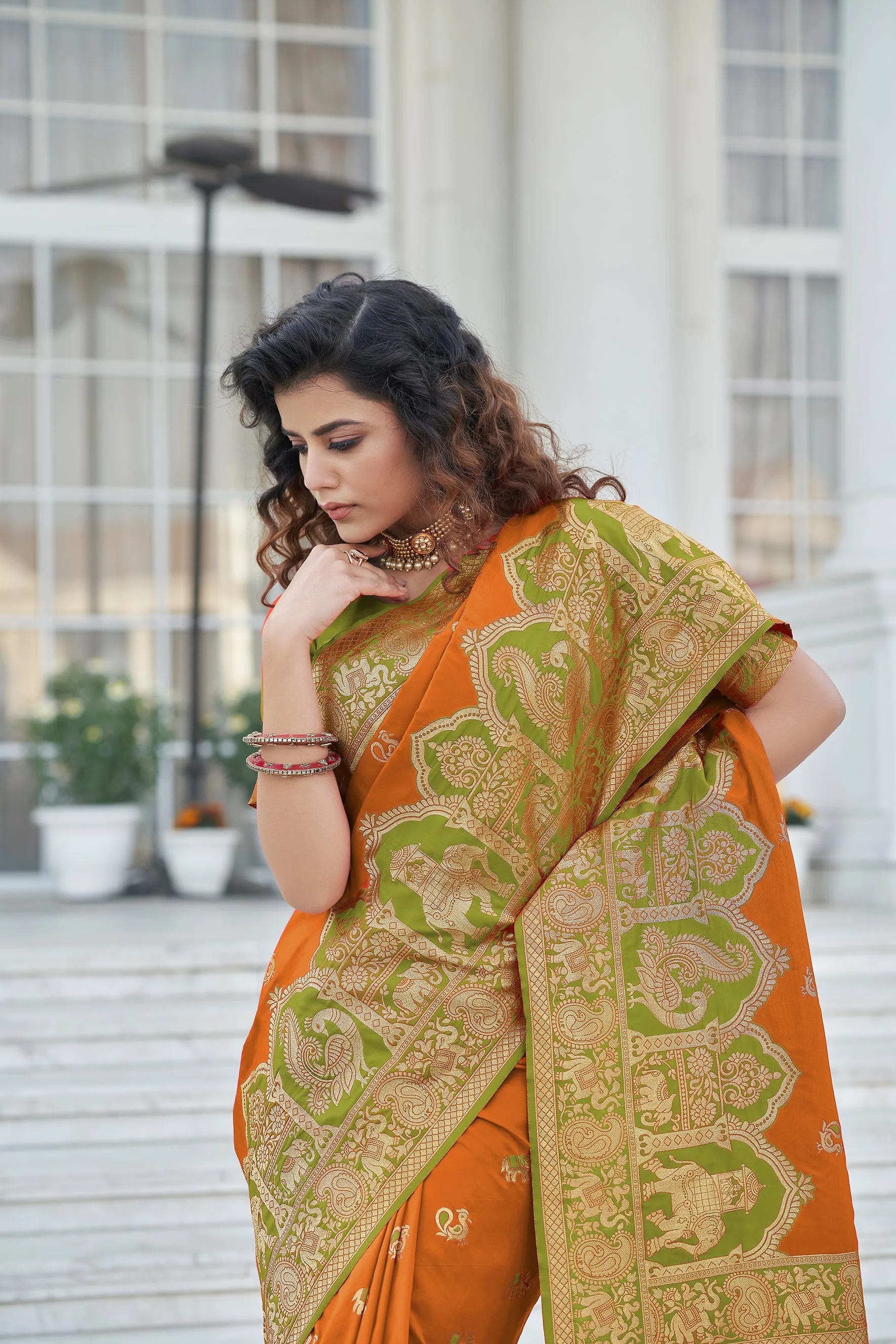 Amazing Orange Zari Weaving Banarasi Silk Wedding Wear Saree