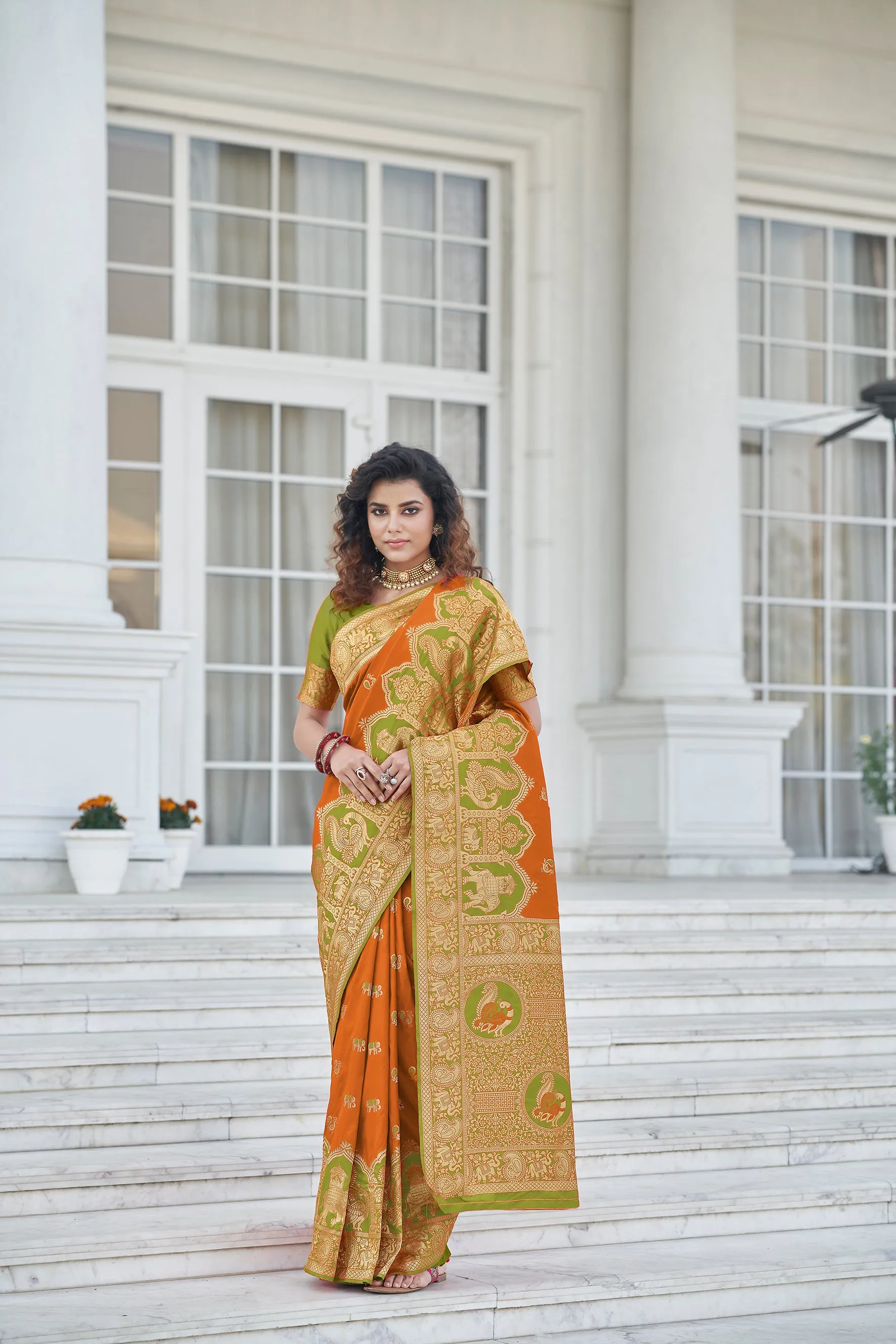 Amazing Orange Zari Weaving Banarasi Silk Wedding Wear Saree