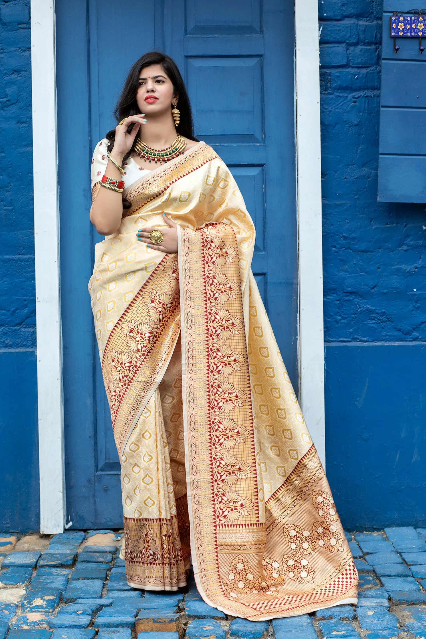 Arresting Off-White Colored Festive Wear Woven Banarasi Silk Saree