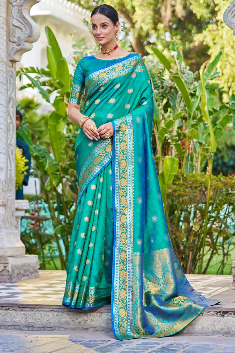 Arresting Rama Kanjivaram Silk Saree With Palimpsest Blouse Piece