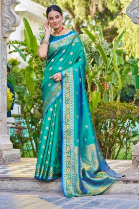 Arresting Rama Kanjivaram Silk Saree With Palimpsest Blouse Piece