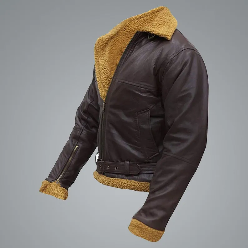 B3 Men Flying Aviator Winter Sheepskin Shearling Bomber Leather Jacket