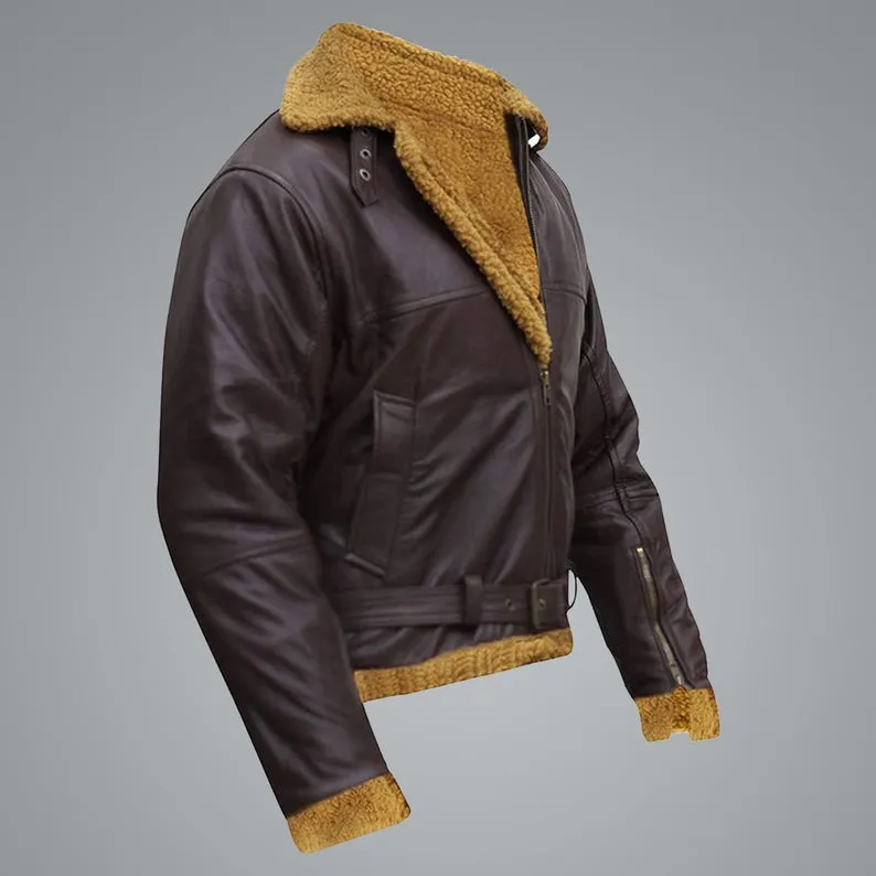 B3 Men Flying Aviator Winter Sheepskin Shearling Bomber Leather Jacket