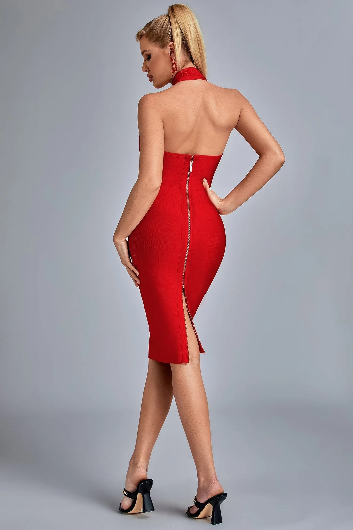 Backless Red Midi Bandage Dress