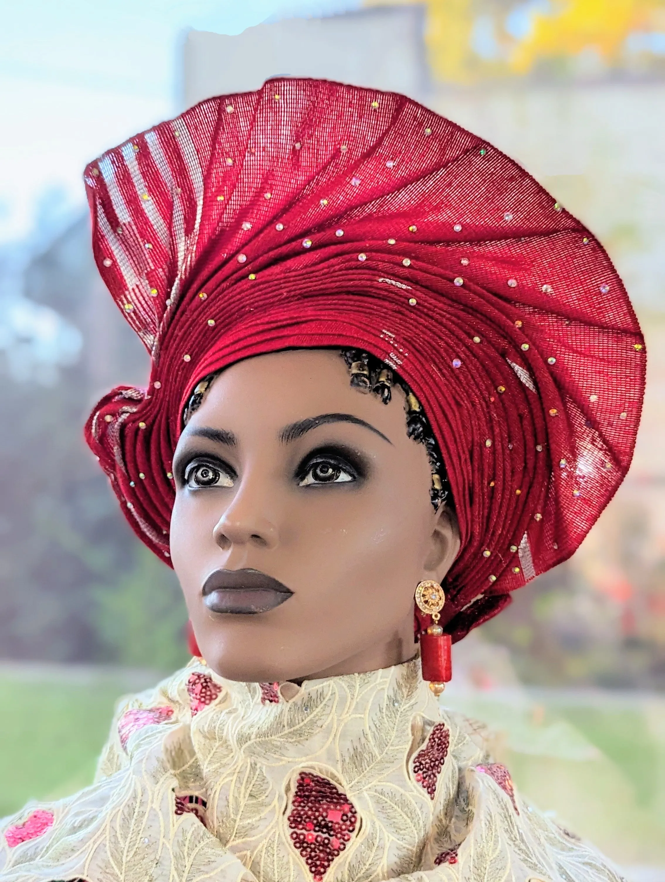 Badesimi Red African Aso Oke head tie Autogele head tie ready Gele head wrap-DPARSS10